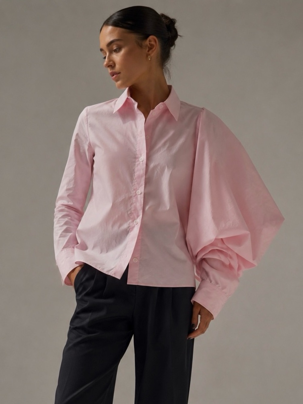 Women's Pink Puff-Sleeve Cotton Button-Down Shirt